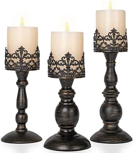 BANOMII Distressed Black Candle Holders for Pillar Candles Set of 3, Vintage Crown Candle Stands for Table Centerpiece Decor, Tall Antique Metal Candle Holder Set for Fireplace Decoration, Ideal Gift by BanomiiHome