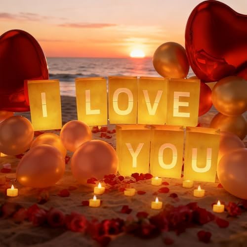 I Love You Decorations – Surprise Set with Light Up Letters, 30 Tea Light Candles, 2000 Rose Petals, 10 Balloons – Luminary Bags for Couples & Romantic Moments - Image 5