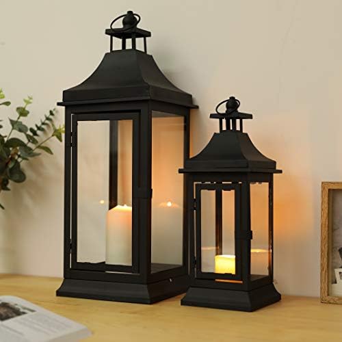 JHY DESIGN Set of 2 13''&19.5''Tall Outdoor Candle Lanterns Vintage Hanging Tower Lantern Metal Candle Holder for Garden Living Room Indoor Outdoor Parties Weddings Balcony(Black) by JHYDESIGN