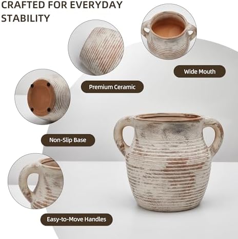 Rustic Utensil Holder for Kitchen Counter - Ceramic Farmhouse Cooking Utensil Crock & Organizer for Spatula, Spoon - Vintage Kitchen Decor (Taupe) - Image 4