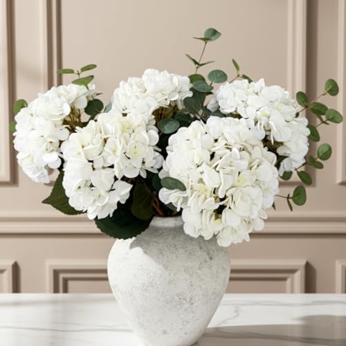 Real Touch White Faux Hydrangea And Eucalyptus Arrangement, Faux Floral Arrangements, Hyper Realistic Artificial Flowers, White Centerpieces For Kitchen Dining Coffee Table Decor (Vase Not Included) by RyddeligHome-AestheticHomeDecor