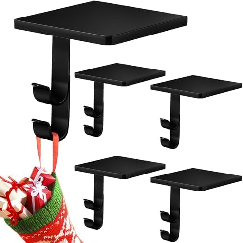 Zhengmy 4 Pcs 2 in 1 Fireplace Stocking and Garland Hangers Heavy Duty Metal Christmas Stocking Holder for Mantle, Two Hooks Hangers for Garland Balls Fireplace Xmas Holiday Party Decoration (Black) by Zhengmy