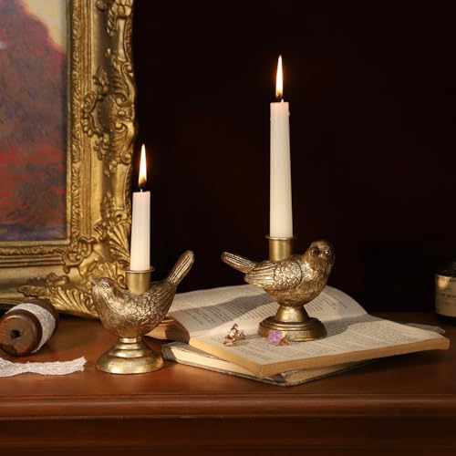 NIKKY HOME Vintage Gold Taper Candle Holders Set of 2, Bird Figurine Decor - Image 2