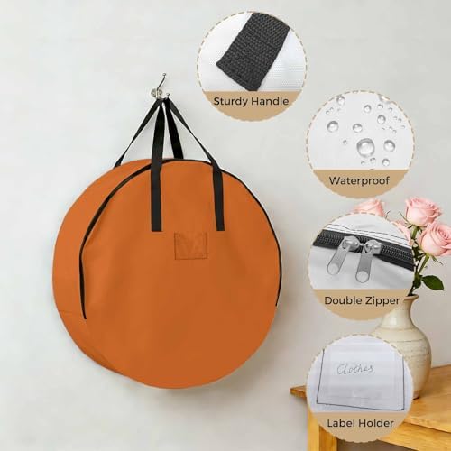 30 Inch Round Storage Bag 2 Pack,Solid Art Minimalist Pure Orange Waterproof Wreath Storage Container with Handles&Zipper Plain Single Bright Color Closet Organizer Bags Garland Box - Image 5