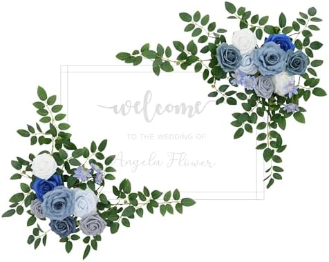 2pcs Blue & Grey Deluxe Welcome Sign Artificial Flowers Wedding Backdrop Garland Hanging Floral Arrangements for Ceremony Reception Entryway Board Sweetheart Table by AngelaFlower