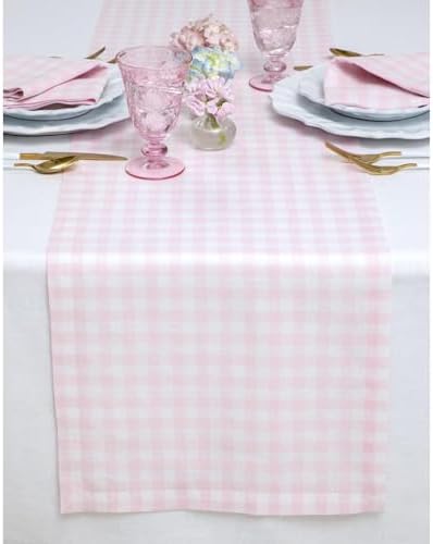 Solino Home 100% Pure Linen Table Runner Pink, Gingham Check 14 x 144 in by SolinoHome