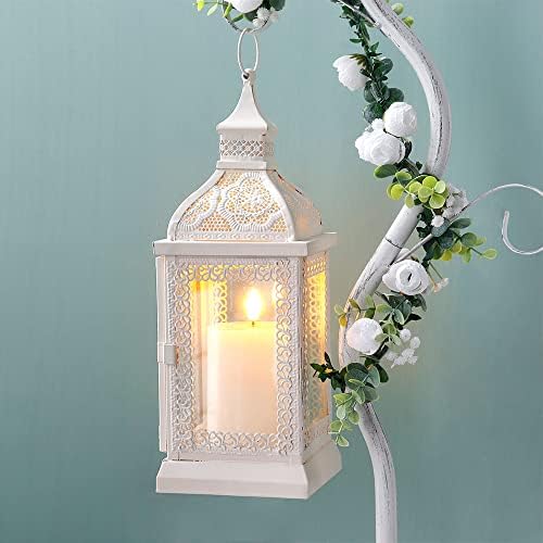 TRIROCKS Rustic Style Metal Candle Lantern 13'' High Decorative Outdoor Lantern Candle Holder with Tempered Glass for Thanksgiving Christmas Living Room Garden Patio Parties Indoors Outdoors (Cream) - Image 2