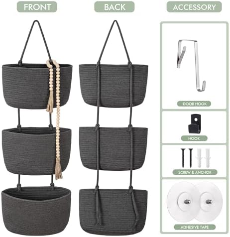 Wall Hanging Rope Baskets 3-Tier Boho Organizers (Gray & Black, Large) - Image 2