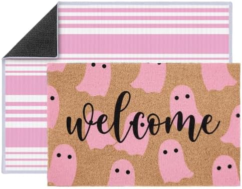 2 Pcs Pink Ghost Halloween Welcome Doormats, 16 x 24 in Welcome Ghost Door Mat and 24 x 32 in Pink White Striped Layering Rug, Cute Fall Porch Decor for Entryway Patio Kitchen Bathroom Floor - Image 4