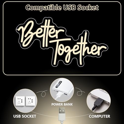 Better Together Neon Sign, Better Together Led Neon Light Signs for Wedding Bridal Shower Wall Decor Wedding Decotations for Backdrop Birthday Anniversary Party Dimmable USB Powered(16.9"*9.1") - Image 5