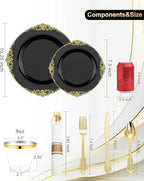 Nervure 175Pcs Black Plastic Plates, Disposable Party Plates for 25 Guests - Image 3
