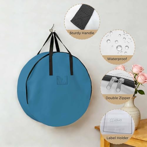 24 Inch Round Storage Bag 1 Pack,Modern Marine Ocean Pure Blue Waterproof Wreath Storage Container with Handles&Zipper Minimalist Solid Color Art Closet Organizer Bags Garland Box - Image 5