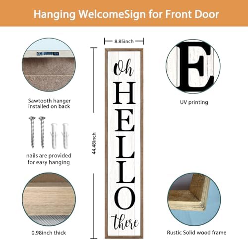Surfapans Oh Hello There Welcome Sign For Front Porch Standing 45"X9" Tall Wood Frame Outdoor Vertical Decor for Farmhouse Rustic Large Modern Home Outside Front Door Wall Decorations (Wood White) - Image 2