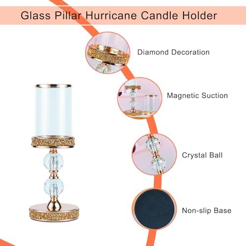 Pillar Candle Holder, 13 Inch Crystal Candlesticks for 3''X5'' Candles, Dining Coffee Table Decor, Wedding, Events, Parties - Glass and Gold Finish - Image 3
