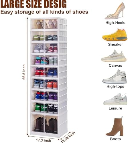 Shoe Box Foldable Storage Box Easy Assembly Collapsible Shoes Rack Clear Shoe Storage Cabinet Shoe Organizer Shoe Container Box with Lids Large Size Shoe Rack (9 layers clear door) - Image 2