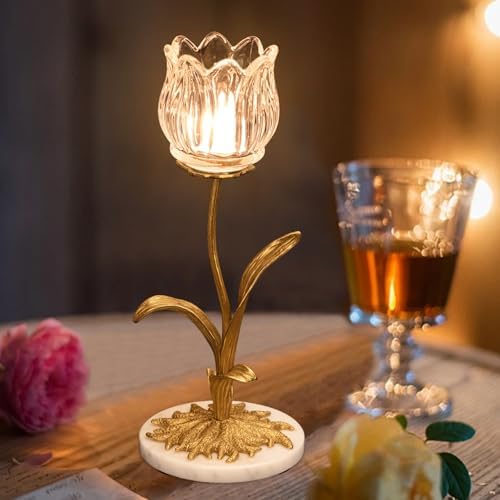 Candle Holder, Cut Rose Shaped Brass Candle Holder High-end Light Luxury Creative Art Crystal Glass Flower Candle Sticks Holder Decor Marble Disc Base Romantic Ambiance Table Decoration - Image 6