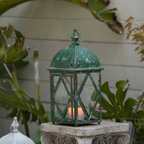 Vintage Green Metal Candle Lantern with Glass 17in Distressed Blue Rustic Large Farmhouse Hanging Candle Holder Lanterns for Indoor & Outdoor Front Porch Table Centerpiece Decor - Image 4