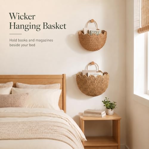 Coeusy Set of 2 Hanging Basket, Paper Rope Wall Basket with Handles, Wicker Scalloped Basket for Nursery,Laundry,Bedroom - Image 3