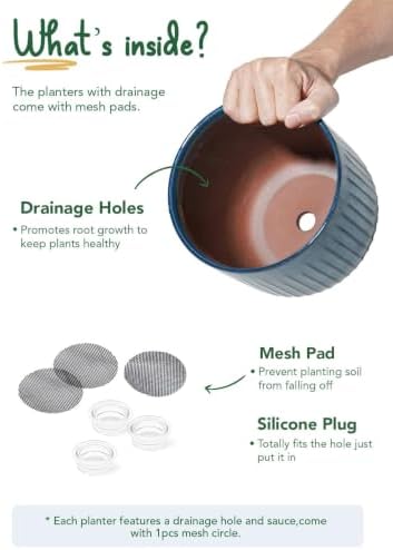 LE TAUCI Ceramic Plant Pots, 8.3/7/6 Inch Indoor Planters with Drainage Holes & Mesh, Modern Glossy Glaze Cylinder Fluted Flower Pot for Snake Plant, Set of 3, Harbor Blue - Image 6