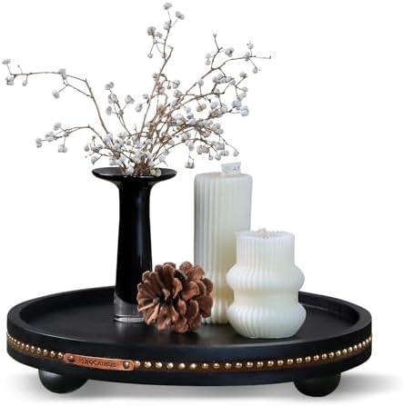 Round Wooden Decorative Tray Coffee Table Tray Home Decor 11.8" Black by Unknown