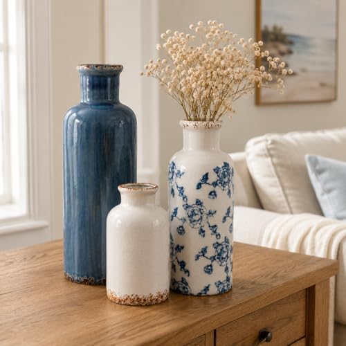 Blue Vintage Vase Set of 3, Flower Decorative Vase Ceramic Vase Set - Image 7