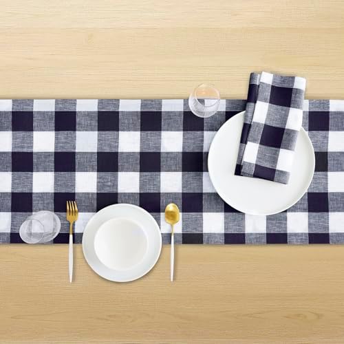 Solino Home 100% Pure Linen Table Runner, 14 x 120 in, Navy and White Check - Image 3
