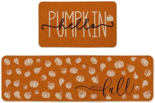 Artoid Mode Orange Hello Pumpkin Fall Kitchen Mats Set of 2-17x29+17x59 by ArtoidMode