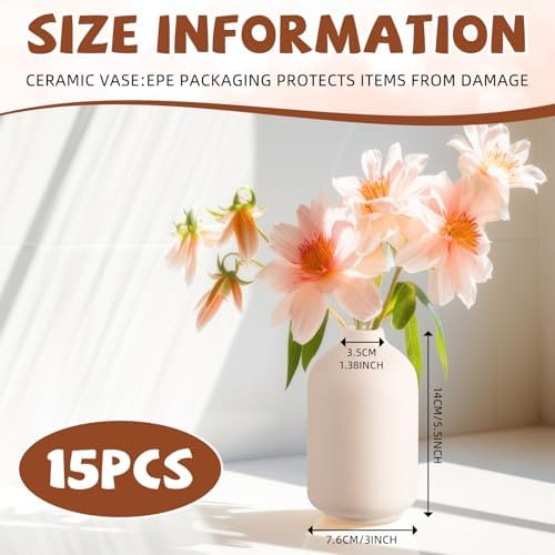 Tioncy 15 Set 5.5"*3" White Ceramic Bud Vases Bulk Boho Valentine's Day Decoration Centerpieces Small Flower White Ceramic Vases for Dry Flowers Pampas Grass Home Wedding DIY Table Decor - Image 2