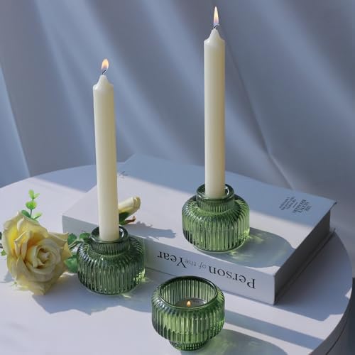 Woho Green Ribbed Taper Candle Holders Set of 8 for Christmas Party Decor by Woho