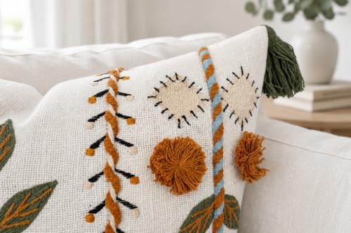 Boho Pom Pom Hand Embroidered 20x20 Pillow Cover, Ivory - Image 4