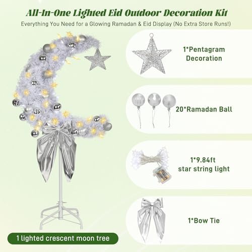 3 FT Eid Ramadan Moon Tree, Lighted Crescent Artificial Tree with LED Star String, Garden Decor Outdoor Lights,Islamic Decoration for Garden, Indoor, Home, Party Decor(Silver) - Image 2