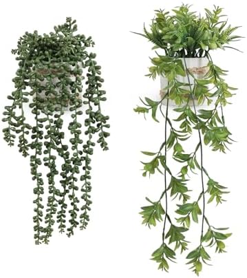 2 Pack Fake Hanging Plants, Faux Eucalyptus Vine Fern and String of Pearls by Fuxdre