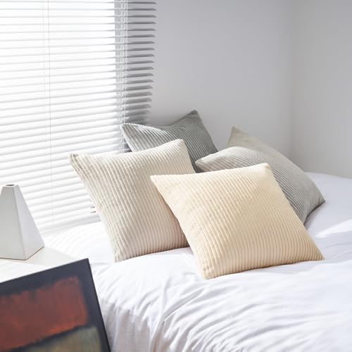 Topfinel 4 Packs Neutral Decorative Throw Pillows Covers 24x24 Inch for Living Room Couch Bed Sofa, Rustic Farmhouse Boho Neutral Home Decor, Soft Plush Striped Corduroy Square Cushion Case 60x60 cm - Image 3