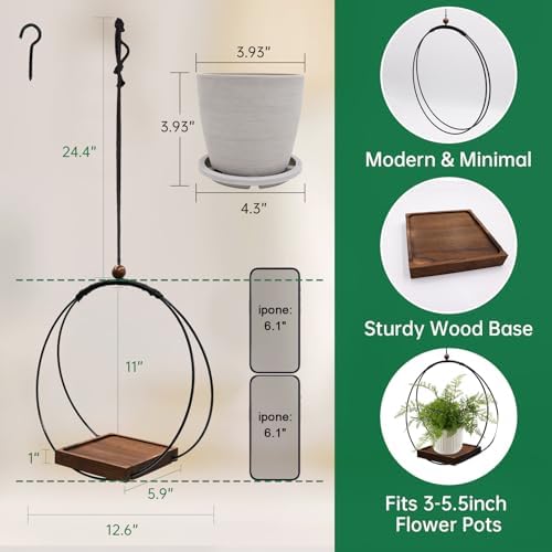 hismocal Hanging Planter for Indoor Plants,Plant Hanger with Sturdy Wood Base & Pot, Modern Boho Macrame Plant Hanger,Wall Ceiling Window Stands(2 Pack+Pots) - Image 2