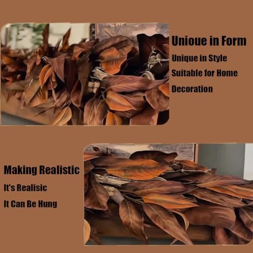 Brown Magnolia Leaf Garland, 6ft Realistic Magnolia Leaf Garland, Artificial Fall Magnolia Leaves Garlands, Waterproof Fall Decorations for Home, Fireplace, Porch (2Pcs) - Image 6