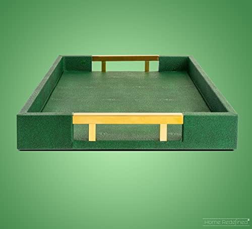 Modern Elegant 17.5"x12" Rectangle Emerald Green Shagreen Faux Leather Decorative Tray Ottoman Coffee Table Perfume Living Room Kitchen Serving Tray with Gold Polished Metal Handles for All Occasion's - Image 4
