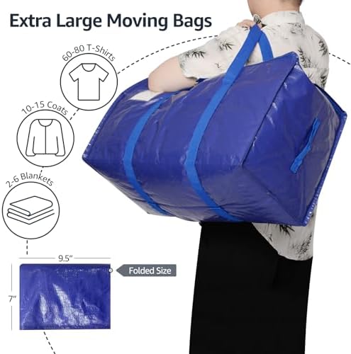 Moving Bags Heavy Duty Extra Large, Moving Boxes, Moving Supplies Essentials, Blue Storage Bins with Lids, Plastic Packing Totes, Storage Bags for Clothes with Handles & Zippers(Blue, 8 Pack) - Image 5