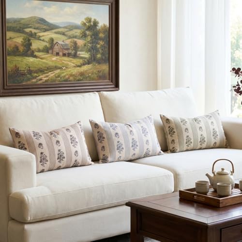Amor Virisso Floral Throw Pillow Covers 12 x 20 Set of 2 Block Print Pillow Covers Neutral Floral Striped Farmhouse Decorative Pillow Covers for Sofa Couch Bed, Light Blue - Image 4