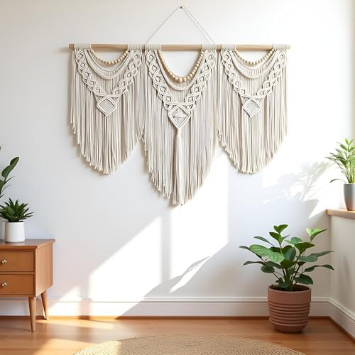 guzhiou large macrame wall hanging - Boho Tapestry Macrame Wall Decor Art- Chic Bohemian Handmade Woven Tapestry Home Decoration for Bedroom Living Room Apartment Wedding Party - 43"x32" (Wood bead) - Image 3