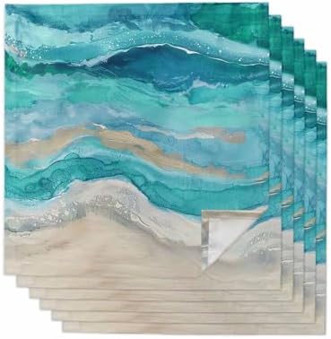 Turquoise Coastal Cloth Napkins Set of 6, Holiday Napkins for Baby Shower, Spring Summer Ocean Beach Nautical Sea Wave Washable Reusable Dinner Napkins for Cocktail Wedding Party, 20 x 20 Inch by Boanket