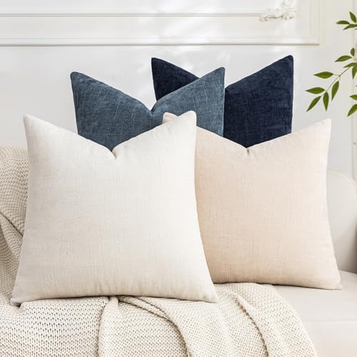 Set of 4 Soft Textured Decorative Throw Pillow Covers 18x18 Inch Cozy Farmhouse Cushion Cover Square Accent Pillow Cases for Bed Couch Sofa Living Room, Beige White Blue by Cozoomy