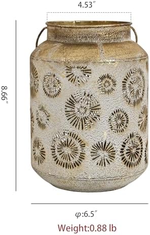 Rustic Metal Hanging Lantern, 8.66" H Vintage Distressed Gold Firework Cutout Decorative Lantern for Indoor Outdoor Use, Tabletop Patio Wedding Centerpiece, Fits Pillar & LED Candles - Image 6