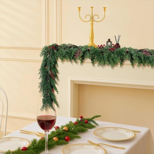 ENVEN Faux Cedar Christmas Garland with Red Berries & Pine Cones – Full Faux Winter Greenery for Holiday Mantel, Staircase, Doorway, Indoor Outdoor Christmas Décor (9FT-Deluxe Cedar) - Image 2