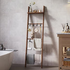 63" Bamboo Blanket Ladder with Shelf and 5 Hooks, Leaning Blanket Rack - Image 6