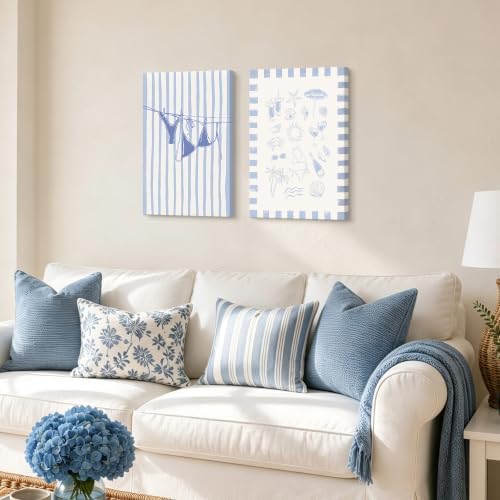 Trendy Coastal Canvas Wall Art Set of 2, Blue Bikini Granddaughter Room Wall Decor Paintings, Preppy Coastal Shell Girls Dorm Posters Prints Pictures for Living Room Bedroom 16x24 Inch Framed - Image 5