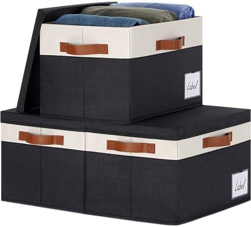GhvyenntteS Large Storage Bins with Lids (3 Pack), Storage Baskets with Lid and Label Window, Foldable Fabric Storage Boxes with 3 Handles for Home Office College Dorms (Black, 15" x 11" x 9.7") by GhvyenntteS
