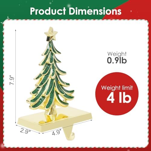 Christmas Stocking Holders for Mantle Set of 2 Green Xmas Tree Stocking Hangers Sturdy Hooks with Gold Non-Slip Base for Fireplace Christmas Gifts Holiday Party Decoration - Image 2