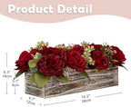 Flower Arrangement with Wooden Vase 14" Artificial Flowers in Pot - Fake Flowers Roses Peonies Hydrangeas in Wooden Vase Potted Artificial Flower Centerpieces for Table Decor Living Room - Red - Image 2
