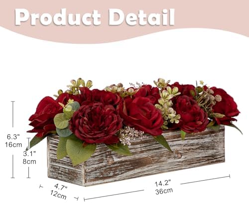 Flower Arrangement with Wooden Vase 14" Artificial Flowers in Pot - Fake Flowers Roses Peonies Hydrangeas in Wooden Vase Potted Artificial Flower Centerpieces for Table Decor Living Room - Red - Image 2