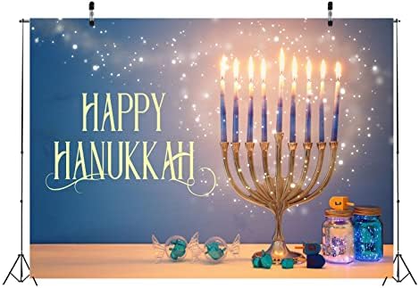 BELECO 15x8ft Fabric Happy Hanukkah Photography Backdrop Menorah Glitter Bokeh Lights Gyro Chanukah Holiday Decorations Banner Background Jewish Holy Festival Israel Party Supplies Studio Photo Prop by BELECO
